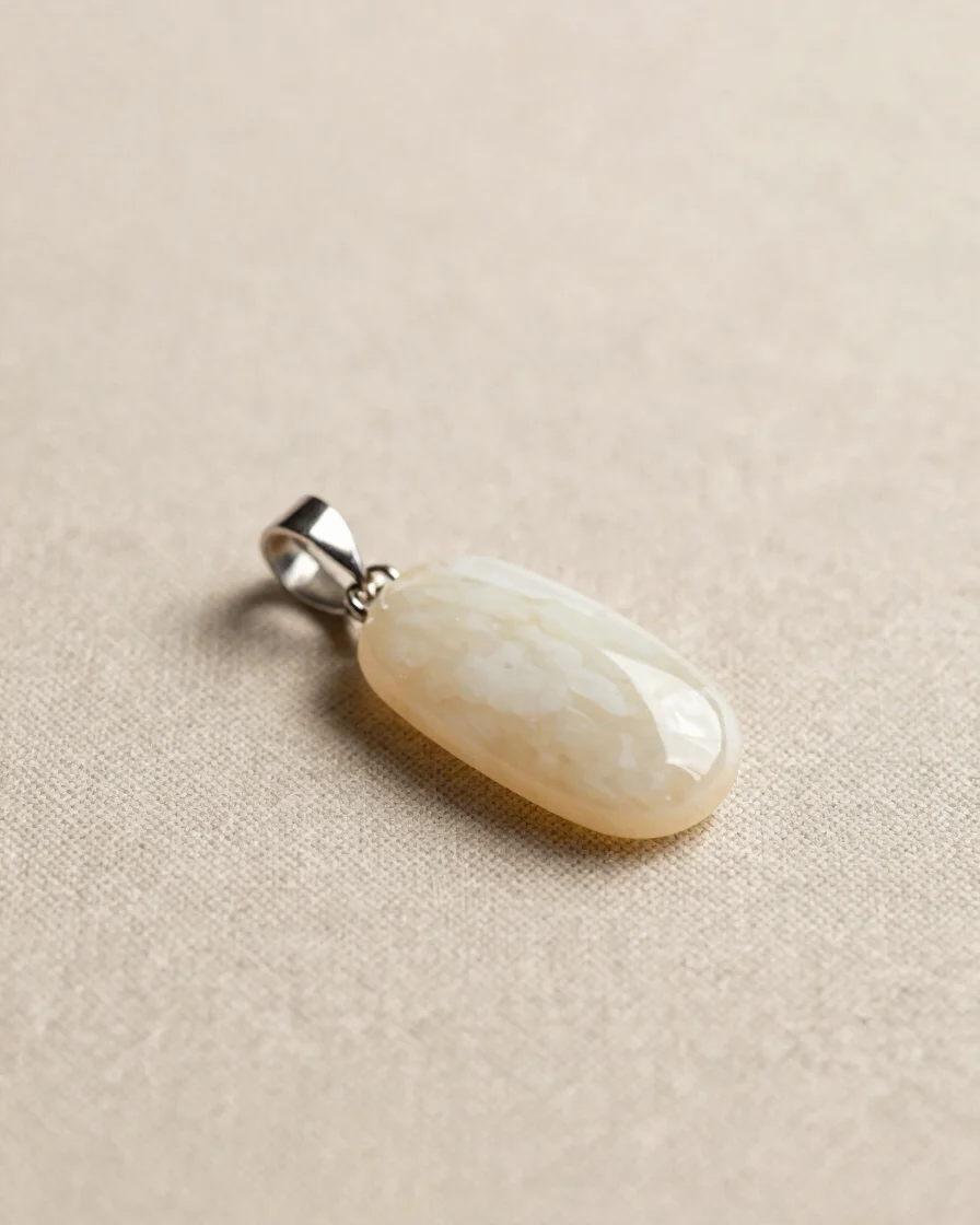 Editorial macro photograph of a polished imitation jewelry pendant resting on a warm neutral linen surface, soft diffuse